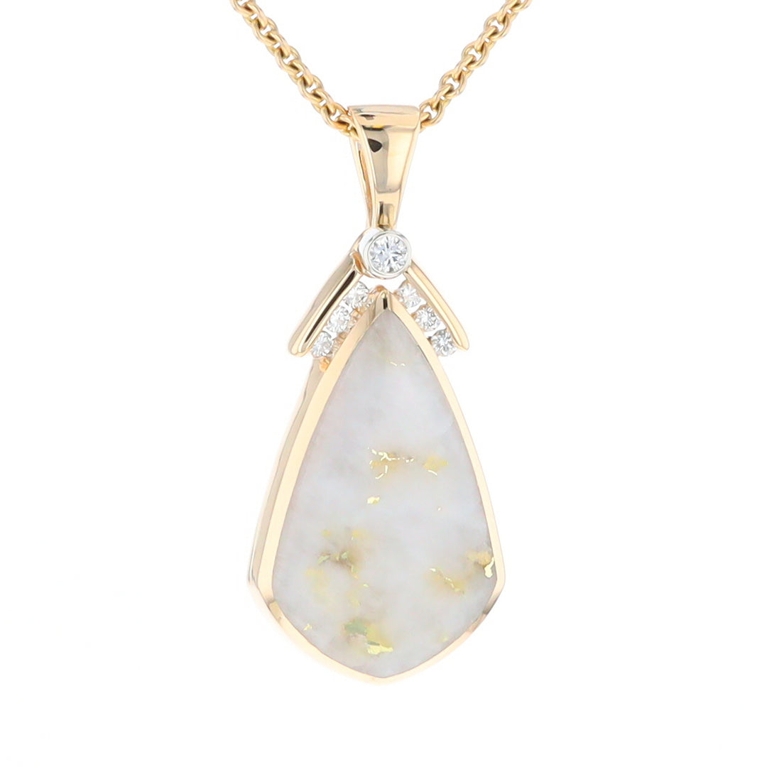 Gold Quartz Necklace Pear Shape Inlaid Pendant with .15ctw Diamonds