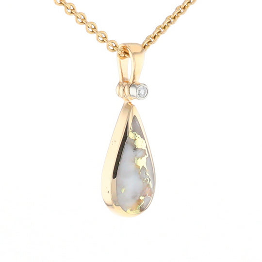 Gold Quartz Necklace Tear Drop Inlaid Pendant with .02ct Diamond