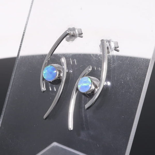 Opal Earrings Round Inlaid Double Curved Bar Design Studs