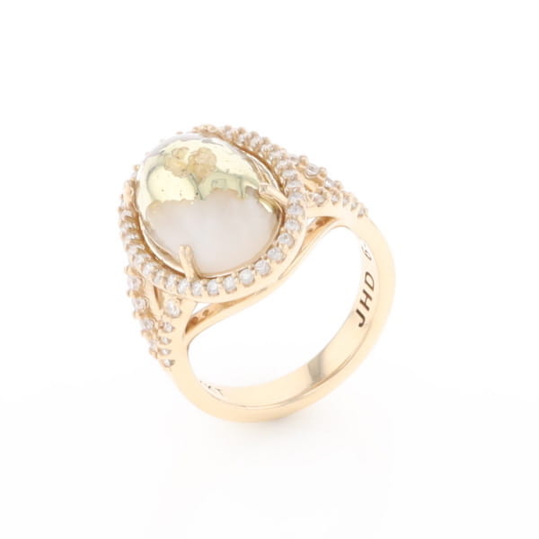 Gold Quartz Ring Oval Cabochon 0.65ctw Round Diamonds Halo