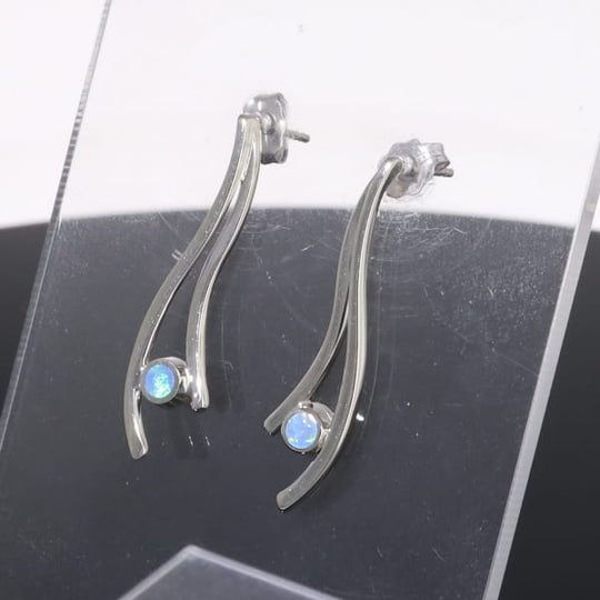 Opal Earrings Round Inlaid Double Curved Bar Design Studs