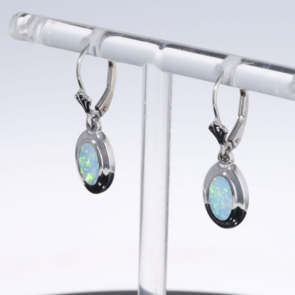 Opal Earrings Oval Inlaid Design Lever Backs