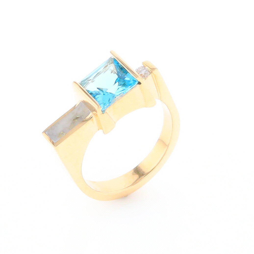 Gold Quartz Ring Rectangle Inlay Swiss Blue Topaz .06ct Round Diamond