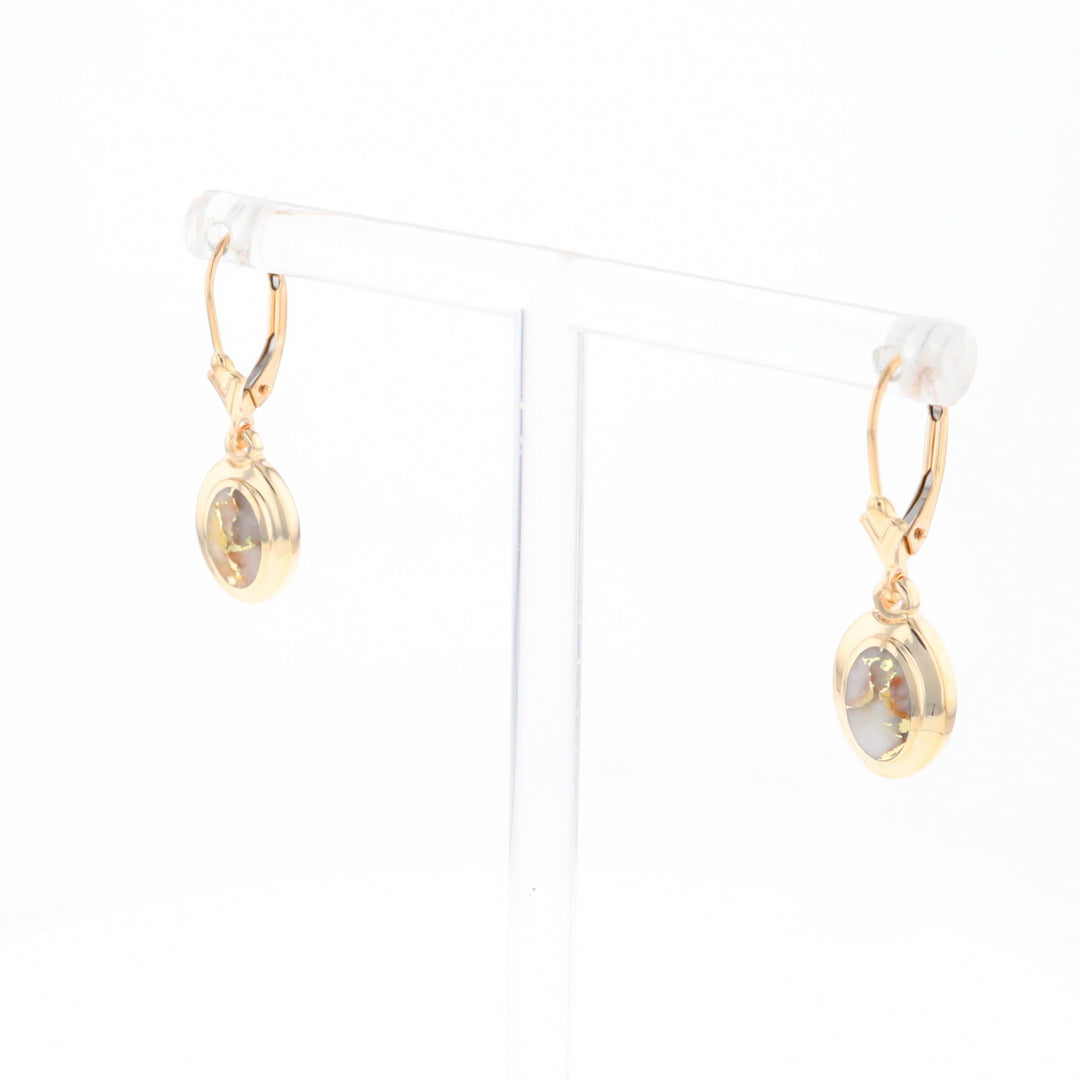 Gold Quartz Earrings Oval Inlaid Design Lever Backs - G2