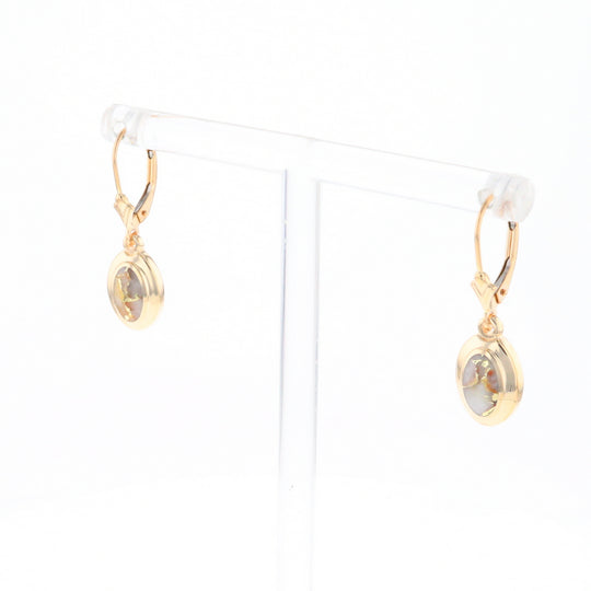 Gold Quartz Earrings Oval Inlaid Design Lever Backs - G2