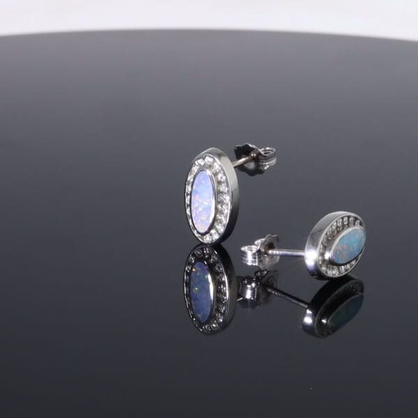 Opal Earrings Oval Inlaid with .25ctw Round Diamond Halo Studs