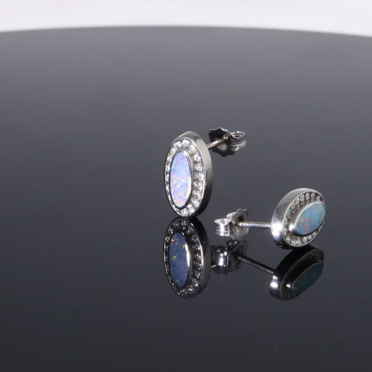 Opal Earrings Oval Inlaid with .25ctw Round Diamond Halo Studs
