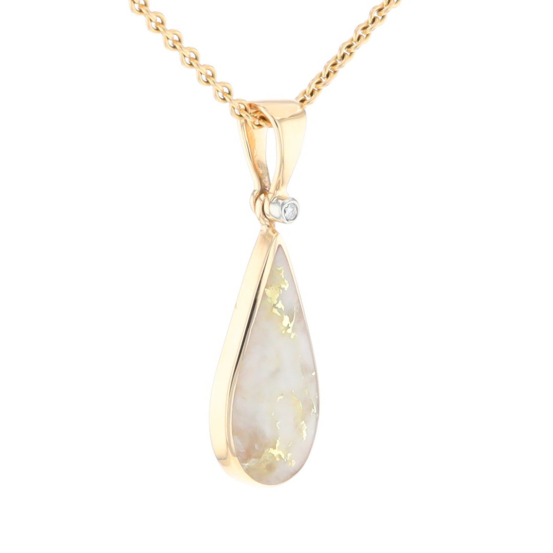 Gold Quartz Necklace Tear Drop Inlaid Pendant with .02ct Diamond