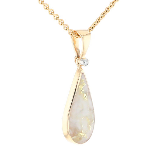 Gold Quartz Necklace Tear Drop Inlaid Pendant with .02ct Diamond