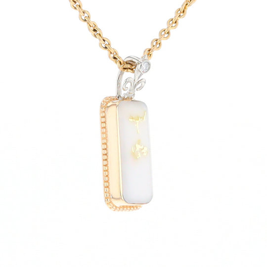 Gold Quartz Necklace, Rectangle Inlaid Fleur De Lis Design with .02ctw Diamond Pendant