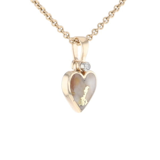 Gold Quartz Necklace Heart Inlaid Design Pendant with .02ct Diamond
