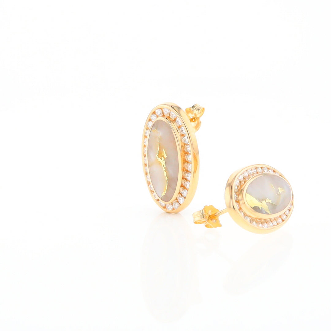 Gold Quartz Earrings Oval Inlaid Design .73ctw Round Diamonds Halo