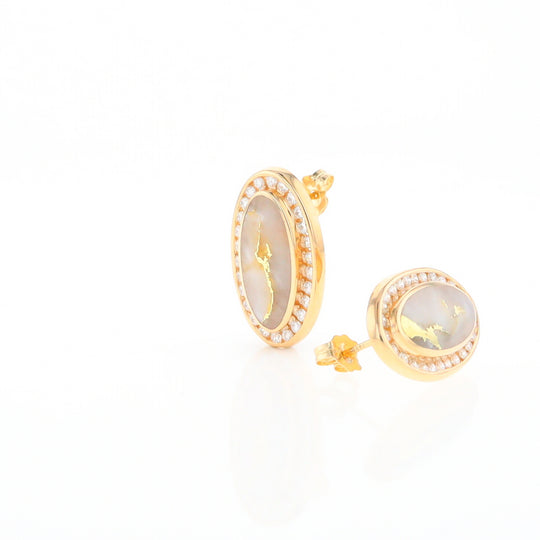 Gold Quartz Earrings Oval Inlaid Design .73ctw Round Diamonds Halo