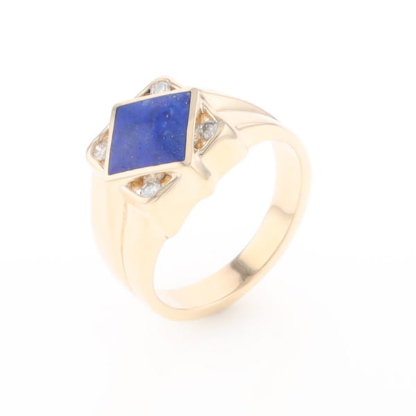 Natural Lapis ring diamond shape inlaid design with .16ctw round diamonds