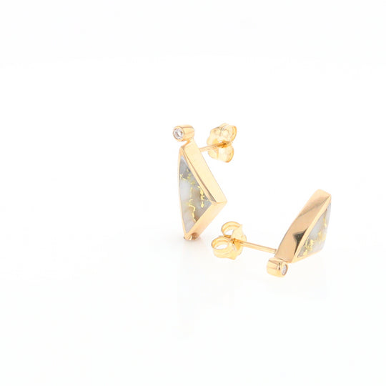 Gold Quartz Earrings Triangle Shape Inlaid with .04ct Round Diamonds - G2