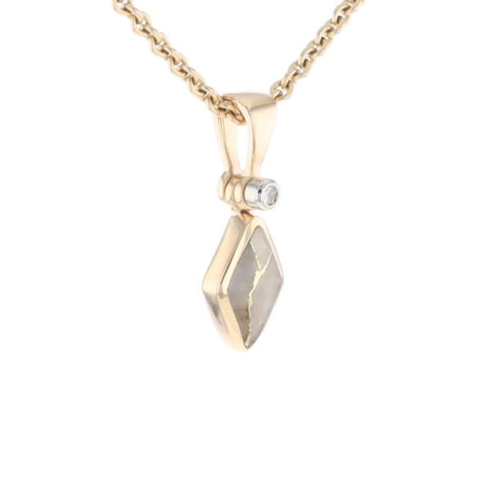 Gold Quartz Necklace Diamond Shape Inlaid Pendant with .02ct Diamond