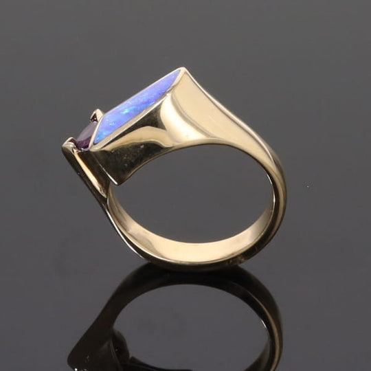 Opal Rings Geometric Inlaid with Amethyst and .08ctw Diamonds