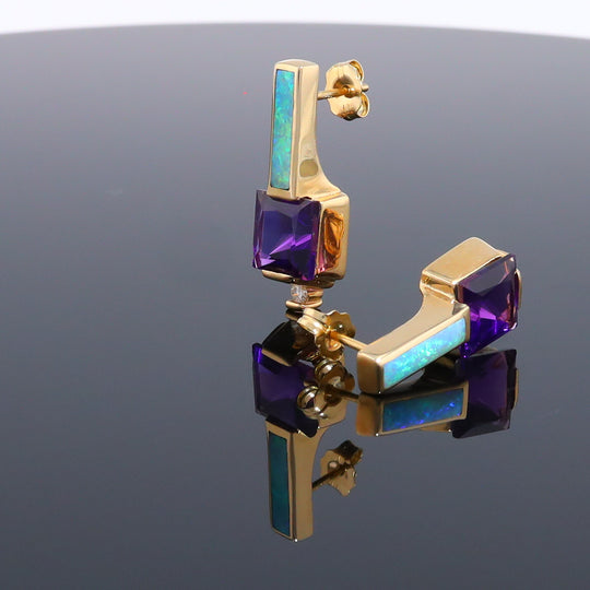 Opal Earrings Rectangle Inlaid Princess Cut Amethyst .06ctw Diamonds