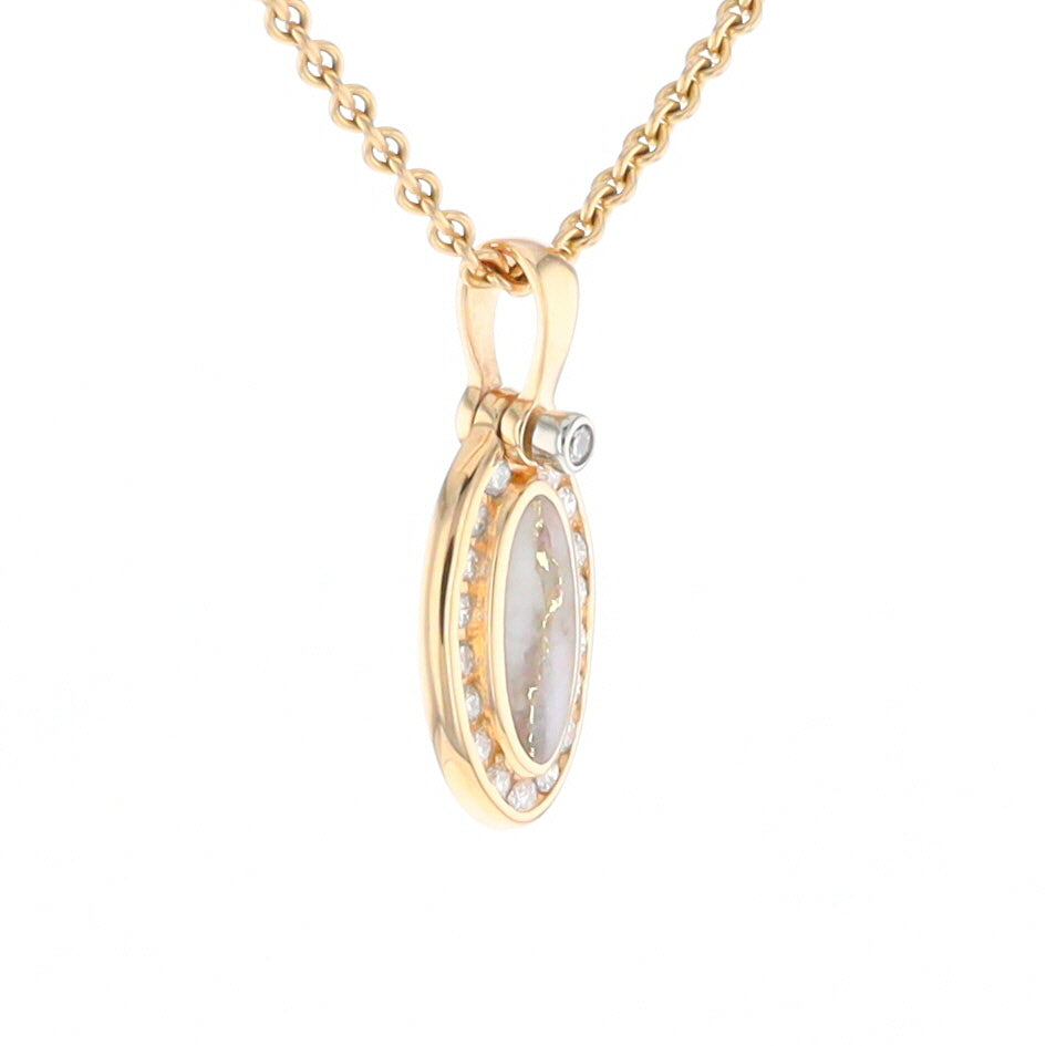 Gold Quartz Pendant Oval Inlaid with .22ctw Round Diamonds Halo