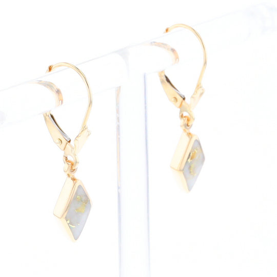Gold Quartz Earrings Diamond Shape Inlaid Lever Backs G1