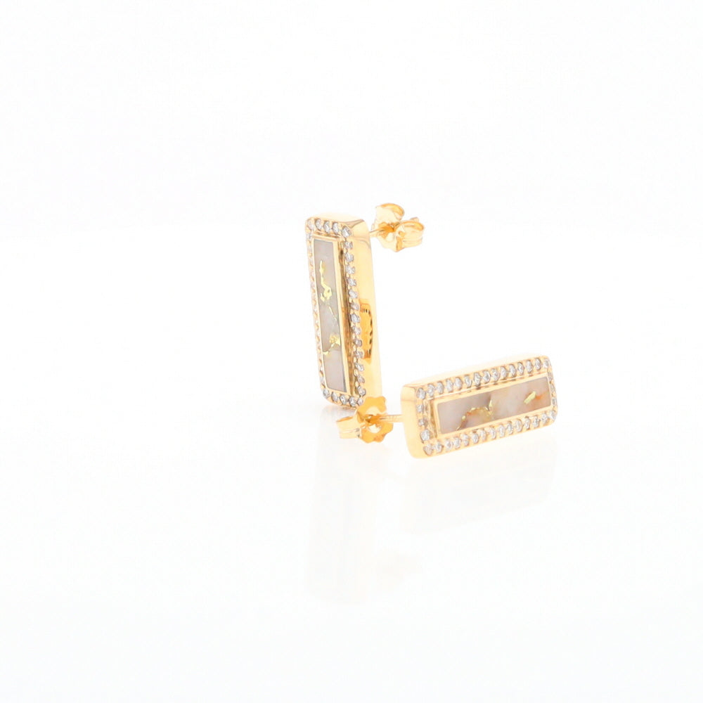 Gold Quartz Earrings Rectangle Inlaid with .50ctw Round Diamonds Halo Design - G2