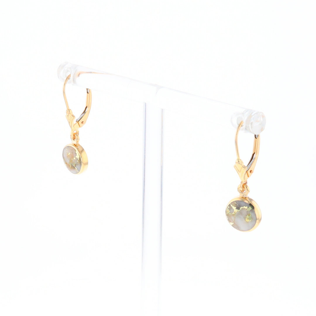 Gold Quartz Earrings Round Inlaid Design Lever Backs