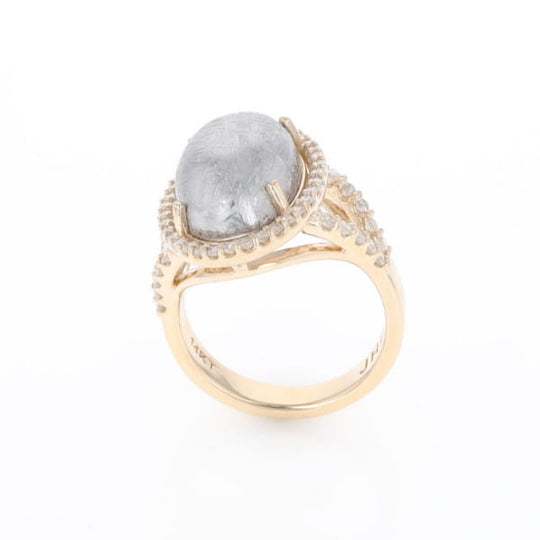 Meteorite Ring Oval Cabochon 0.65ctw Round Diamonds Halo