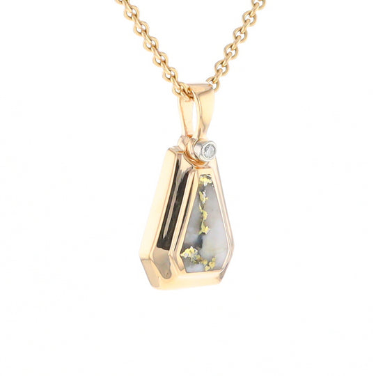 Gold Quartz Necklace, Triangle Inlaid with .02ctw Diamond Pendant