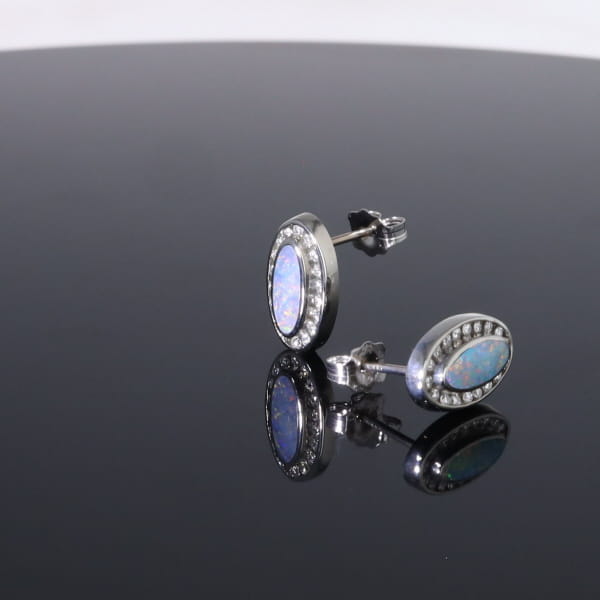 Opal Earrings Oval Inlaid with .25ctw Round Diamond Halo Studs