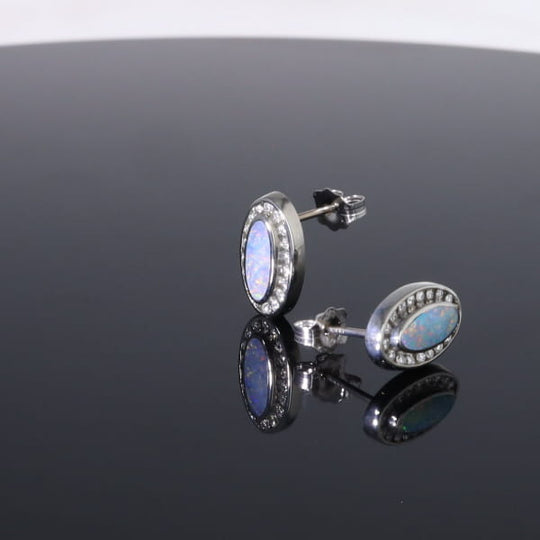 Opal Earrings Oval Inlaid with .25ctw Round Diamond Halo Studs
