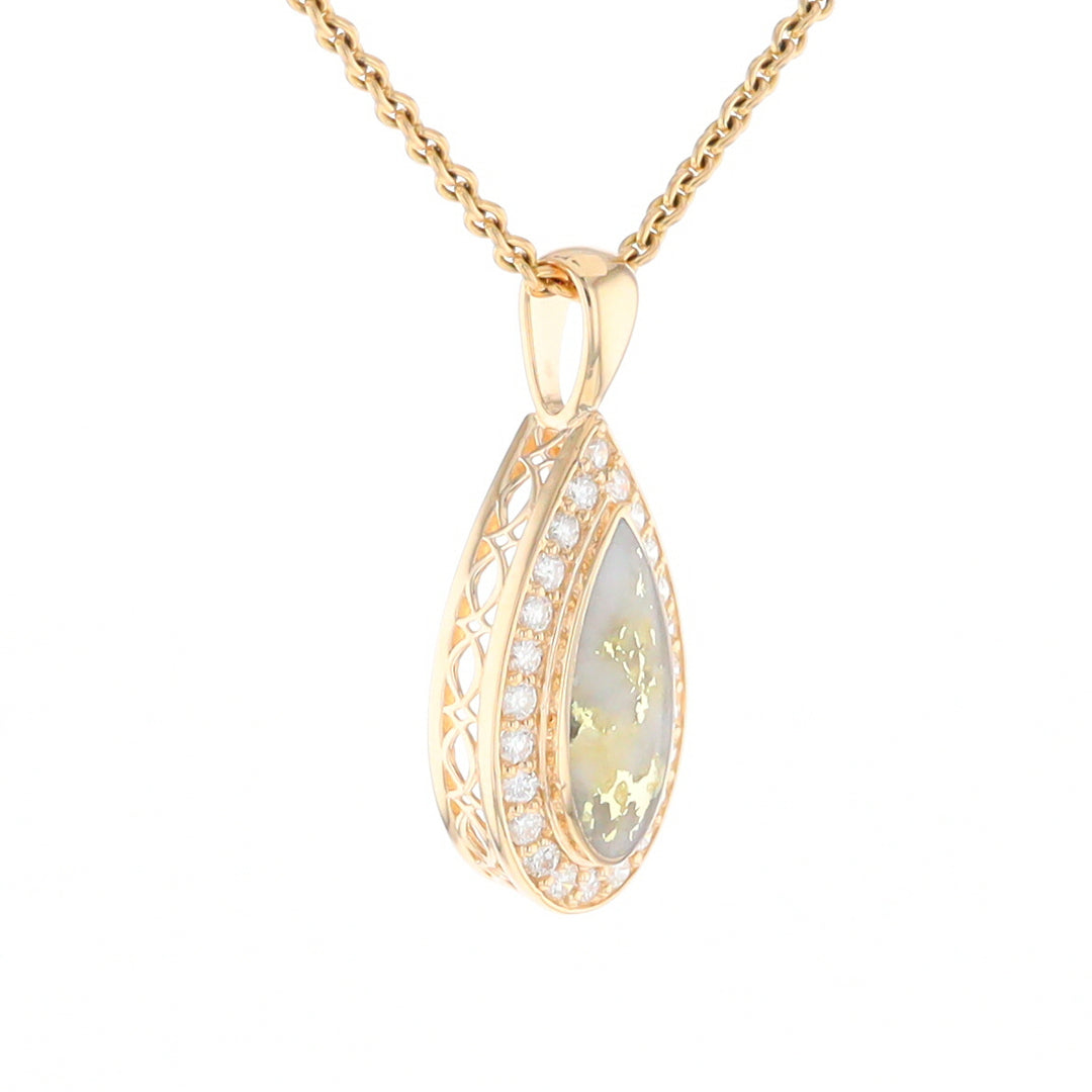 Gold Quartz Pendant Tear Drop Inlaid .42ctw Diamond Halo Design