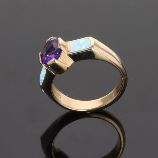 Opal Rings 2 Section Inlaid Design with Oval Amethyst Center