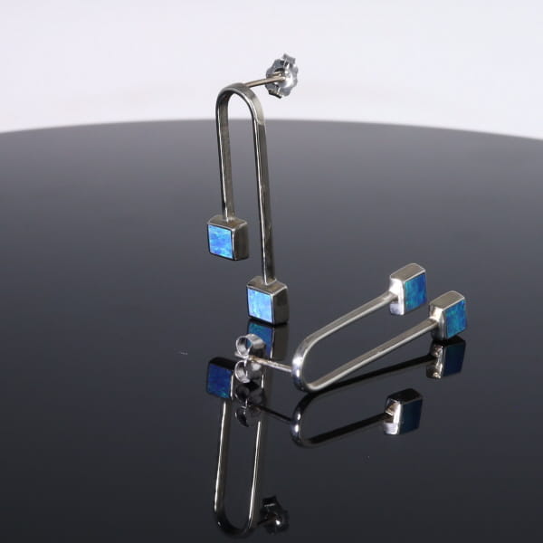 Opal Earrings Curved Bar Double Square Inlaid Ends Design Studs