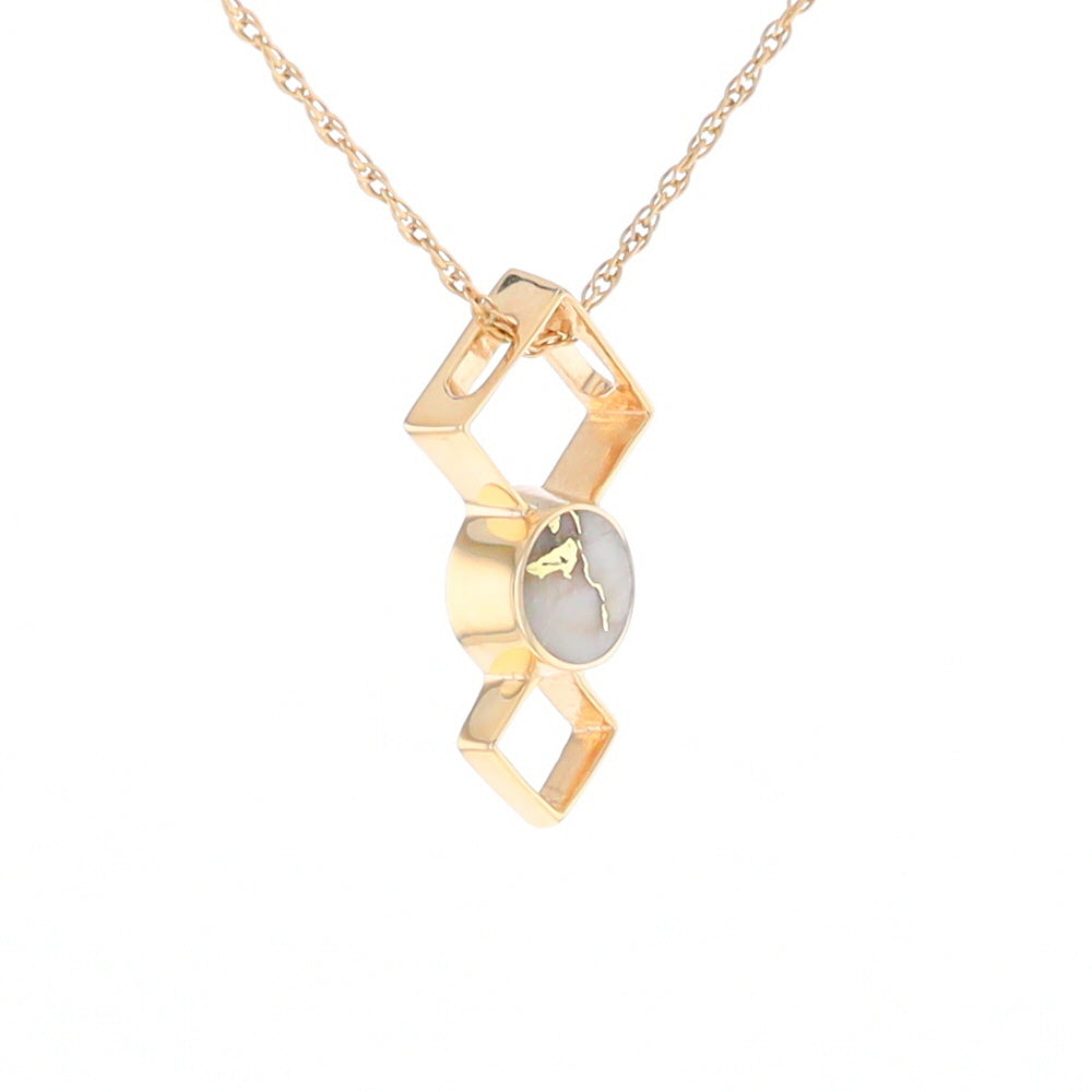 Gold Quartz Round Inlay Double Diamond Design Pendant