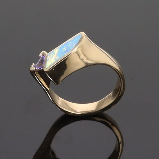 Opal Rings Geometric Inlaid with Tanzanite and .08ctw Round Diamonds