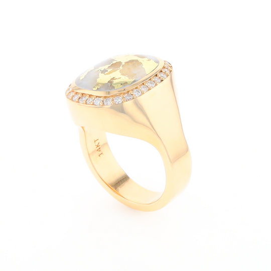 Gold Quartz Cushion Inlaid Men's Ring with Diamond Halo