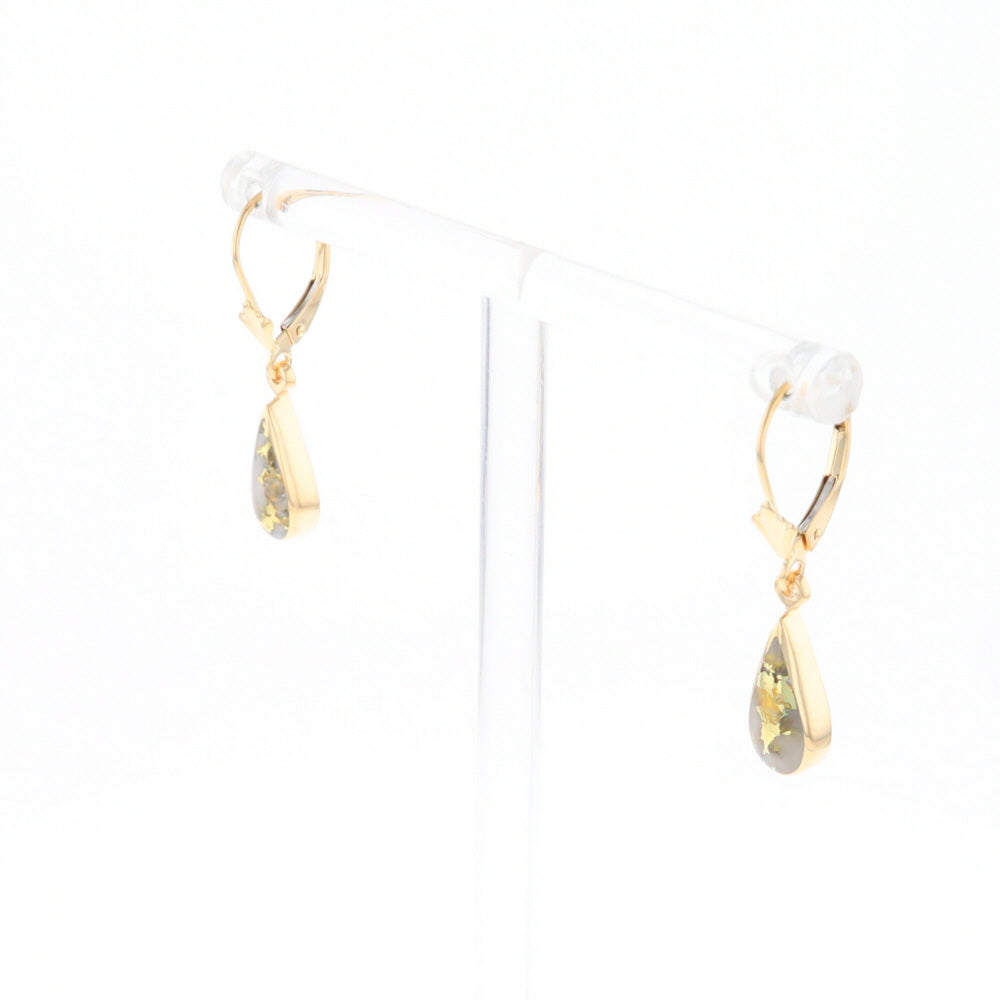 Gold Quartz Earrings Tear Drop Inlaid Lever Backs