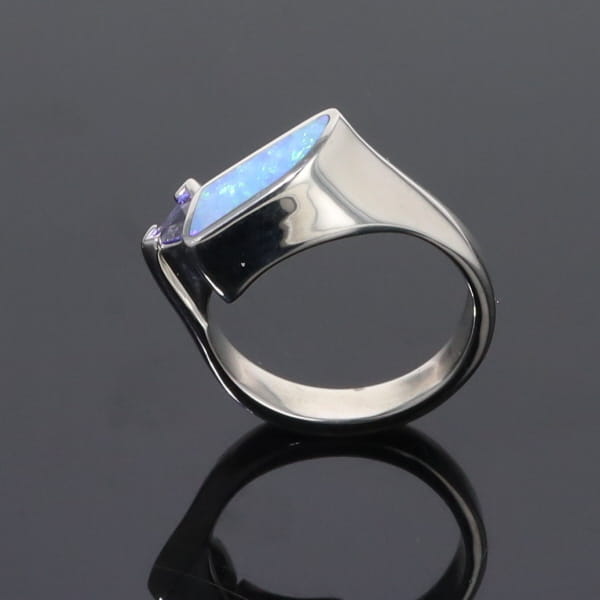 Opal Rings Geometric Inlaid Design with Tanzanite and .08ctw Diamonds