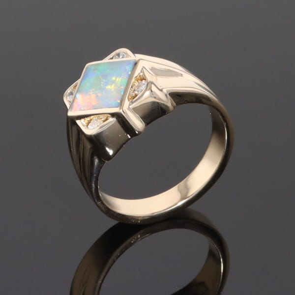 Natural Australian Opal ring diamond shape inlaid design with .16ctw round diamonds