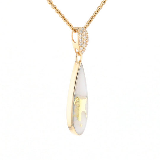 Gold Quartz Necklace, Tear Drop Inlaid Design with 0.11ctw Diamond Pave Pendant G2