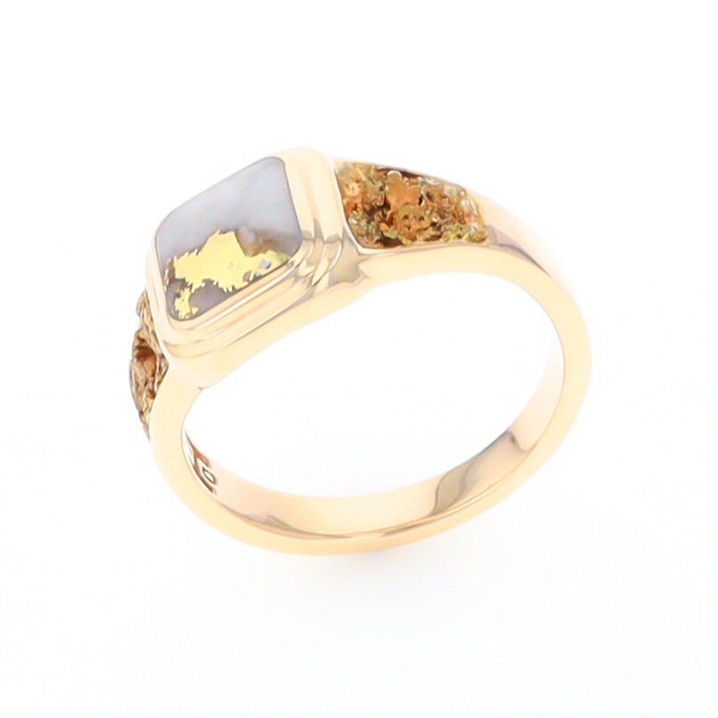 Gold Quartz Ring Square Inlaid Design Double Natural Nugget Sides