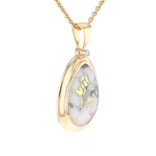 Gold Quartz Necklace Pear Shape Inlaid Pendant with .02ct Diamond