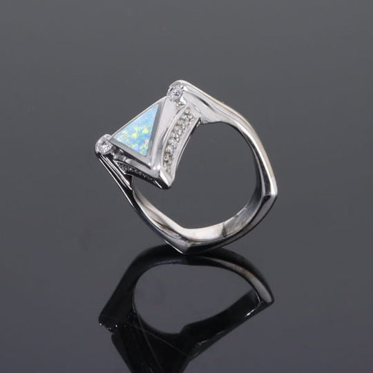 Opal Rings Triangle Inlaid Design with .31ctw Round Diamonds