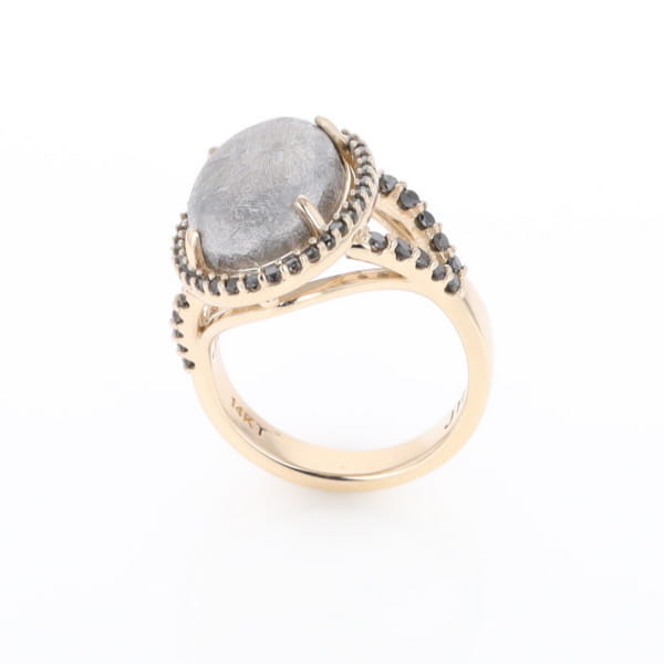Meteorite Ring Oval Cabochon 0.65ctw Round Black Diamonds Halo