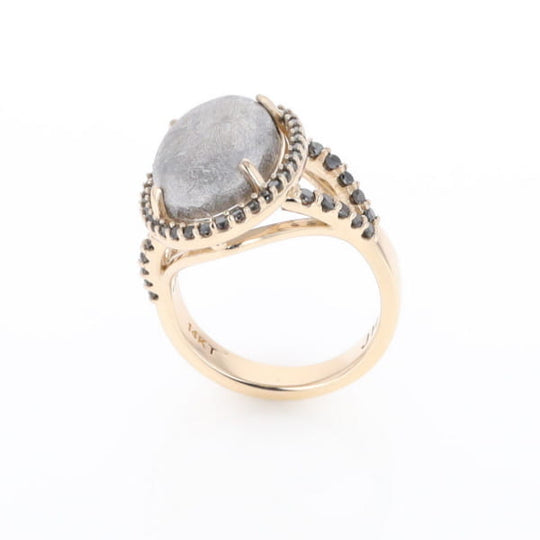 Meteorite Ring Oval Cabochon 0.65ctw Round Black Diamonds Halo
