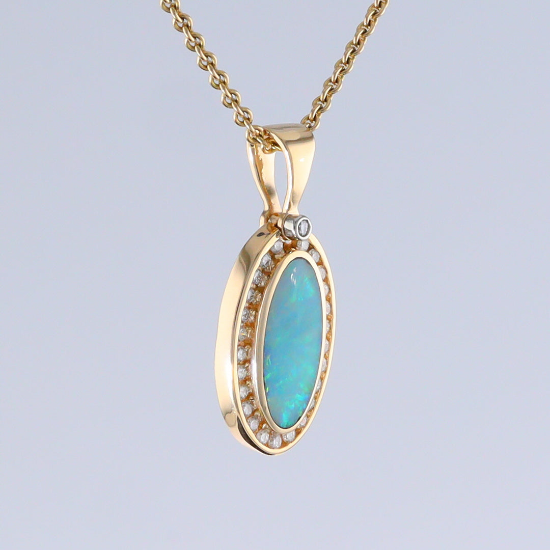 Opal Pendant Oval Inlaid Design with .37ctw Round Diamonds Halo