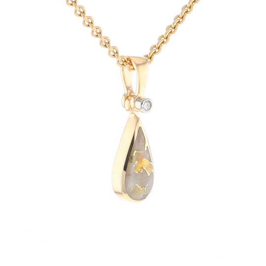 Gold Quartz Pendant Tear Drop Inlaid Design with .02ct Diamond