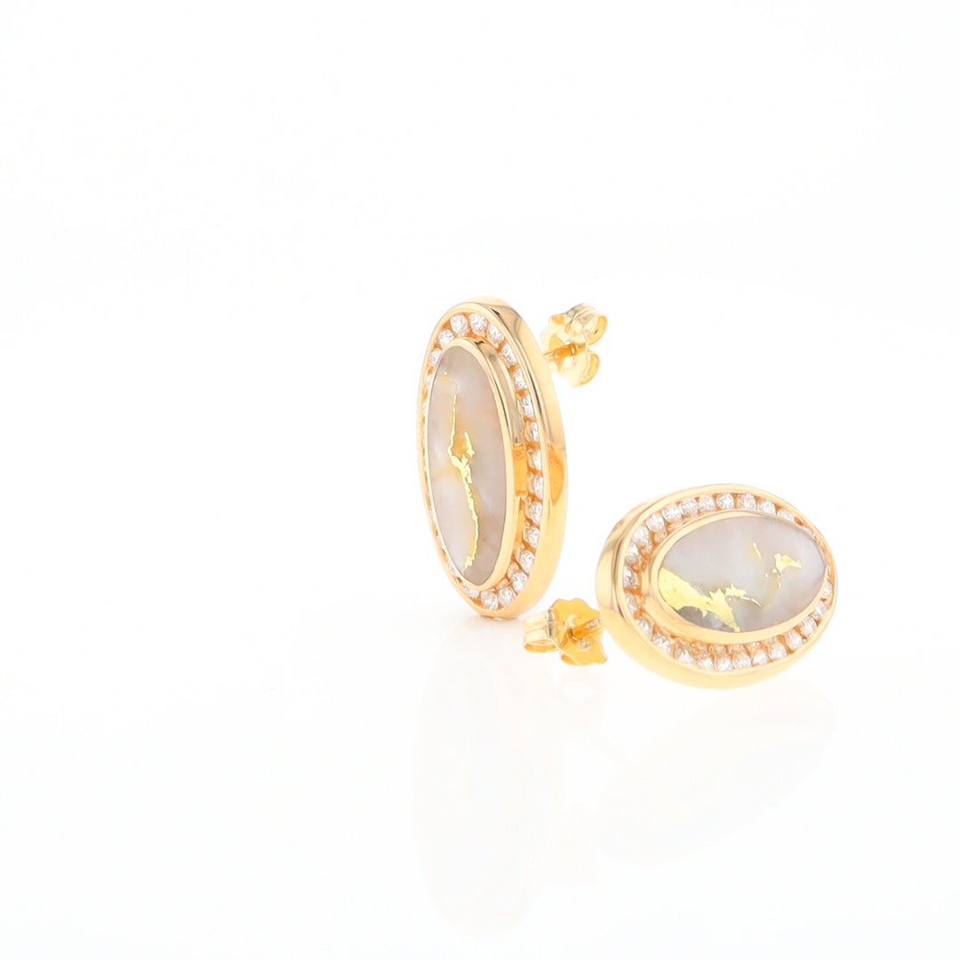 Gold Quartz Earrings Oval Inlaid Design .73ctw Round Diamonds Halo