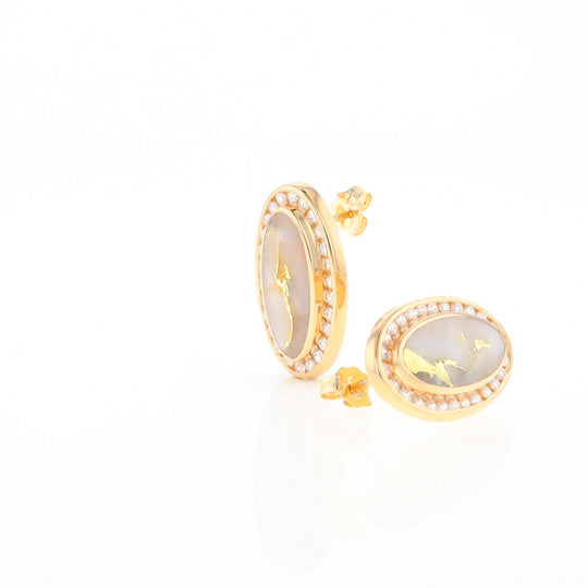 Gold Quartz Earrings Oval Inlaid Design .73ctw Round Diamonds Halo