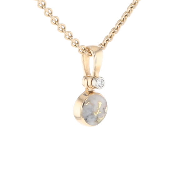 Gold Quartz Necklace Round Inlaid Pendant with .02ct Round Diamond